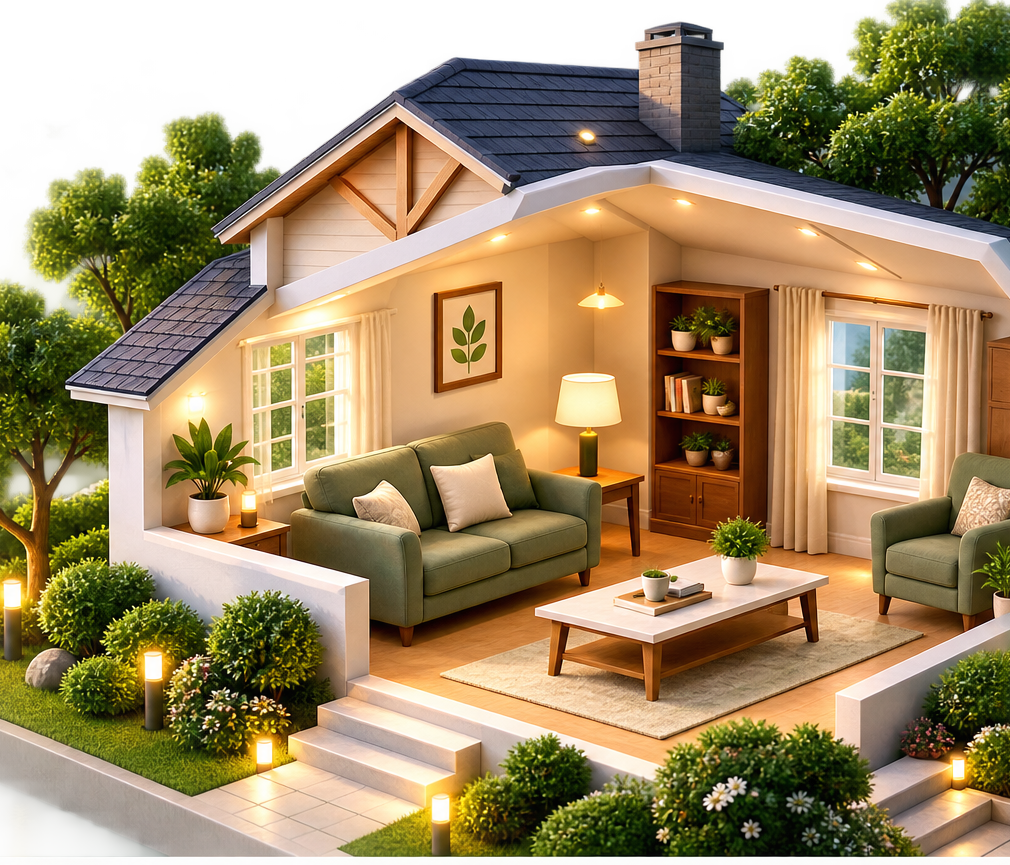 Photorealistic 3D rendering of a comfortable home